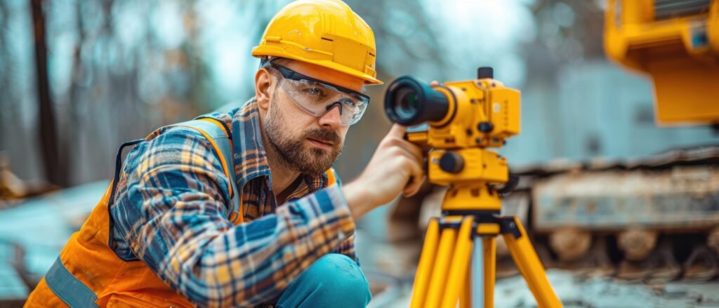 Construction worker setting up a laser level