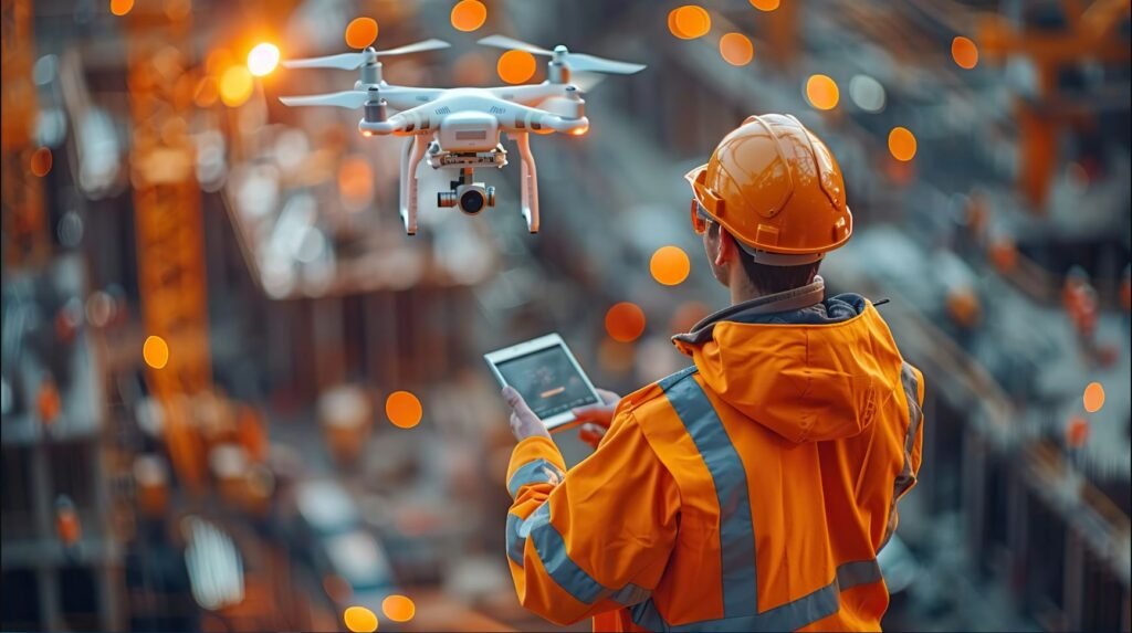 drone inspection operator inspecting construction site control by civil engineer with illustration